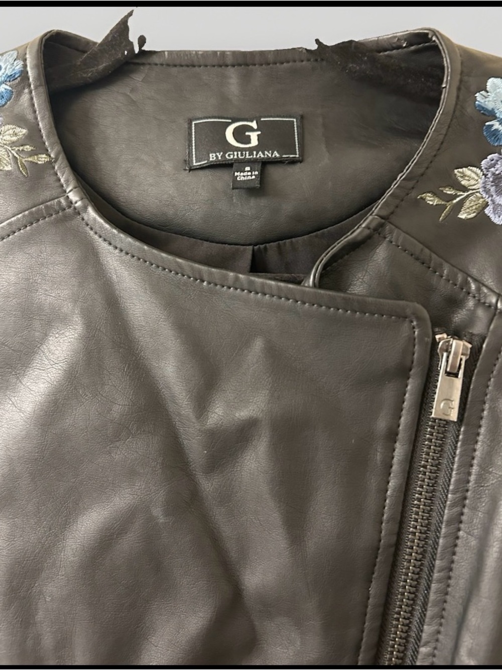 G by Giuliana Black Leather Moto Jacket with Purple & Blue Floral Embroidery Sm - Picture 4 of 7
